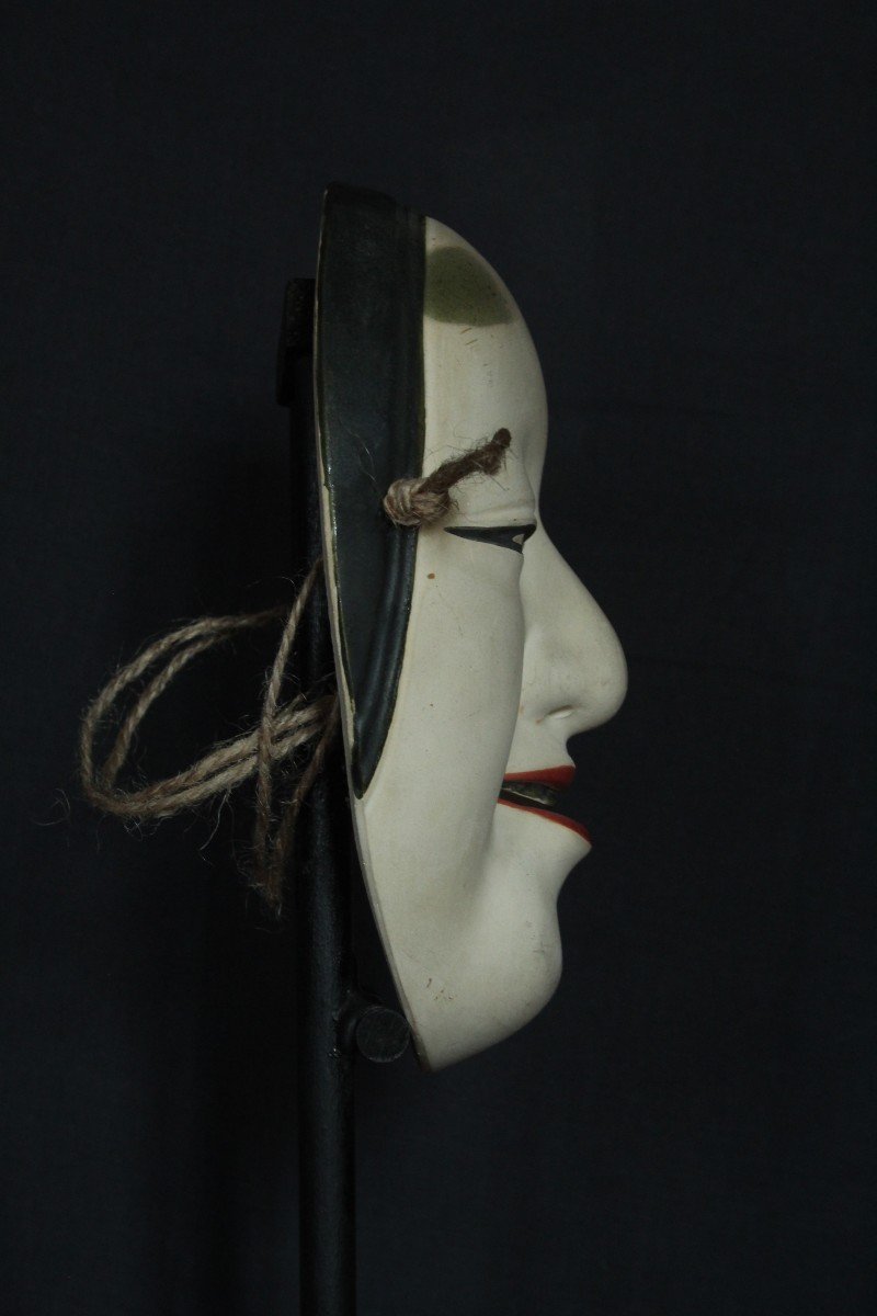 Maschera giapponese, Onna 若女 firmata, teatro Noh vintage, ceramica da Osaka-photo-1