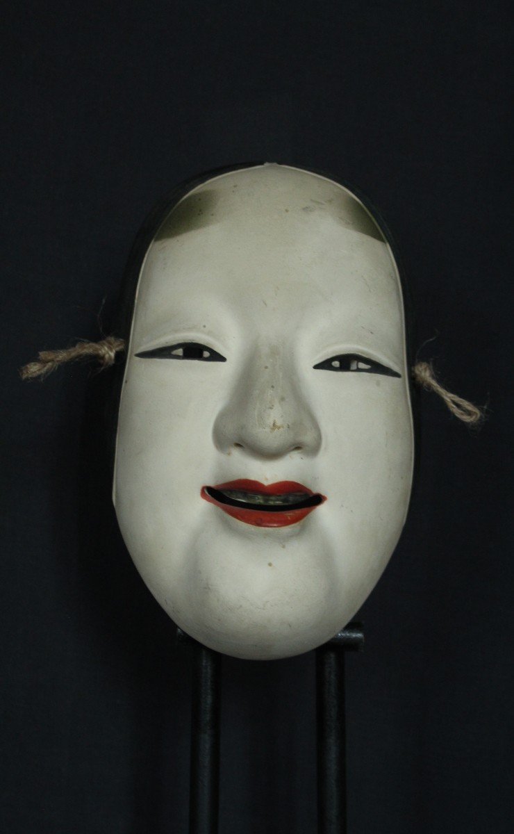 Maschera giapponese, Onna 若女 firmata, teatro Noh vintage, ceramica da Osaka