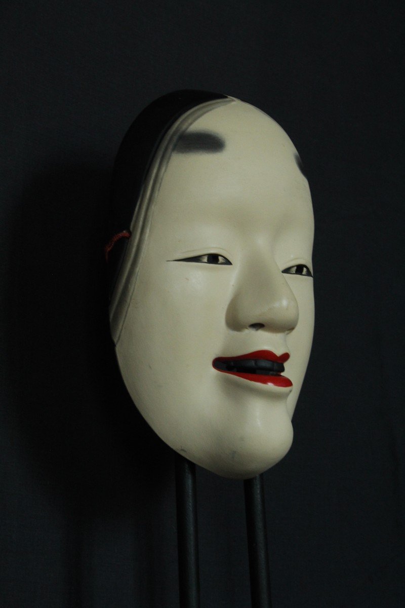 Maschera giapponese, Onna 若女, teatro Noh vintage, ceramica da Osaka
