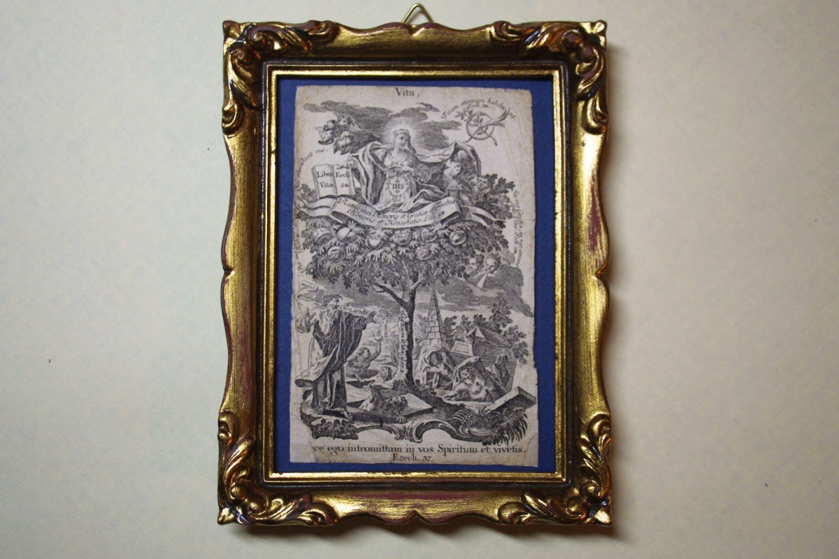 Stampa antica originale con cornice dorata, frammento di incisione, XVIII secolo