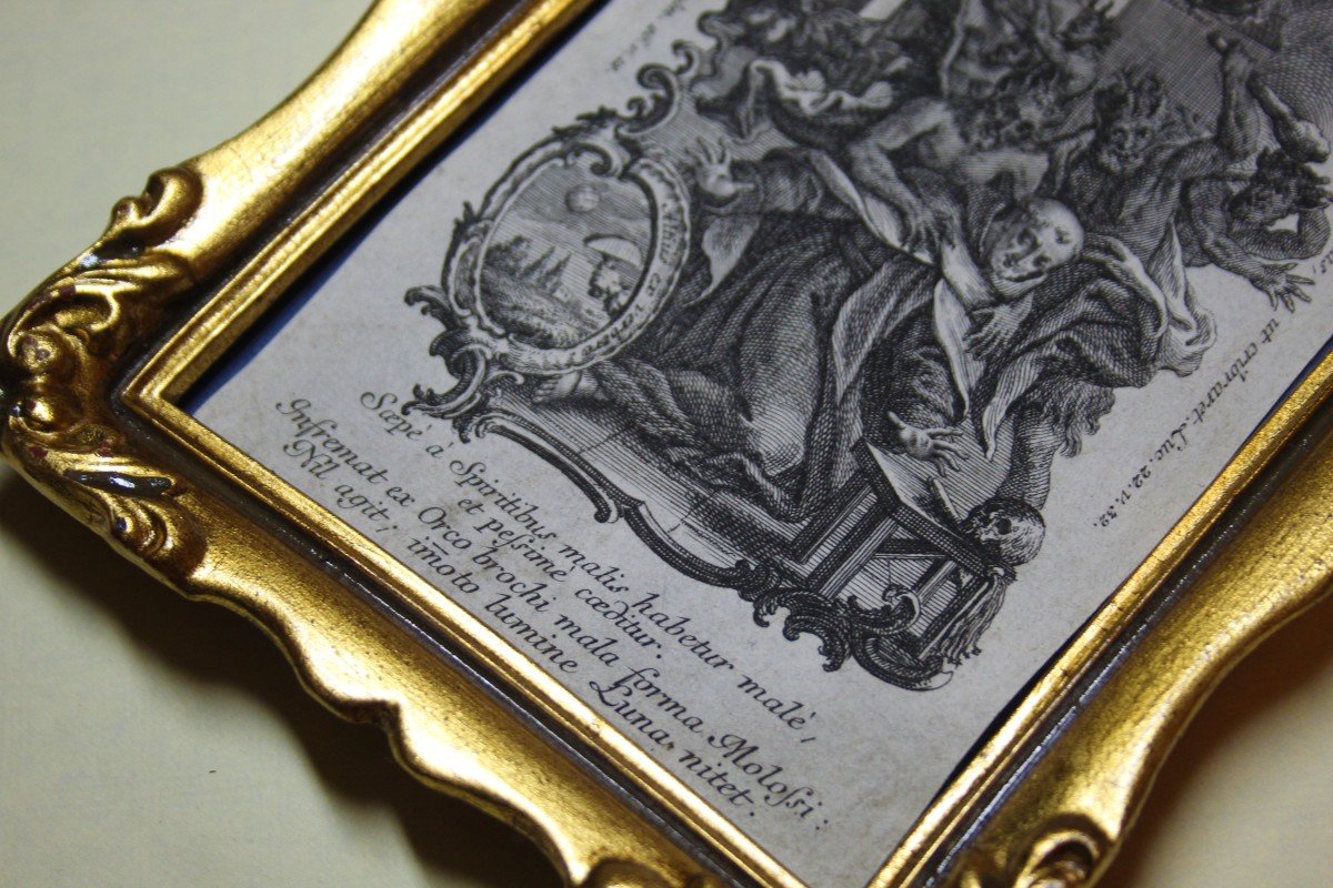 Stampa antica originale con cornice dorata, frammento di incisione, XVIII secolo-photo-2