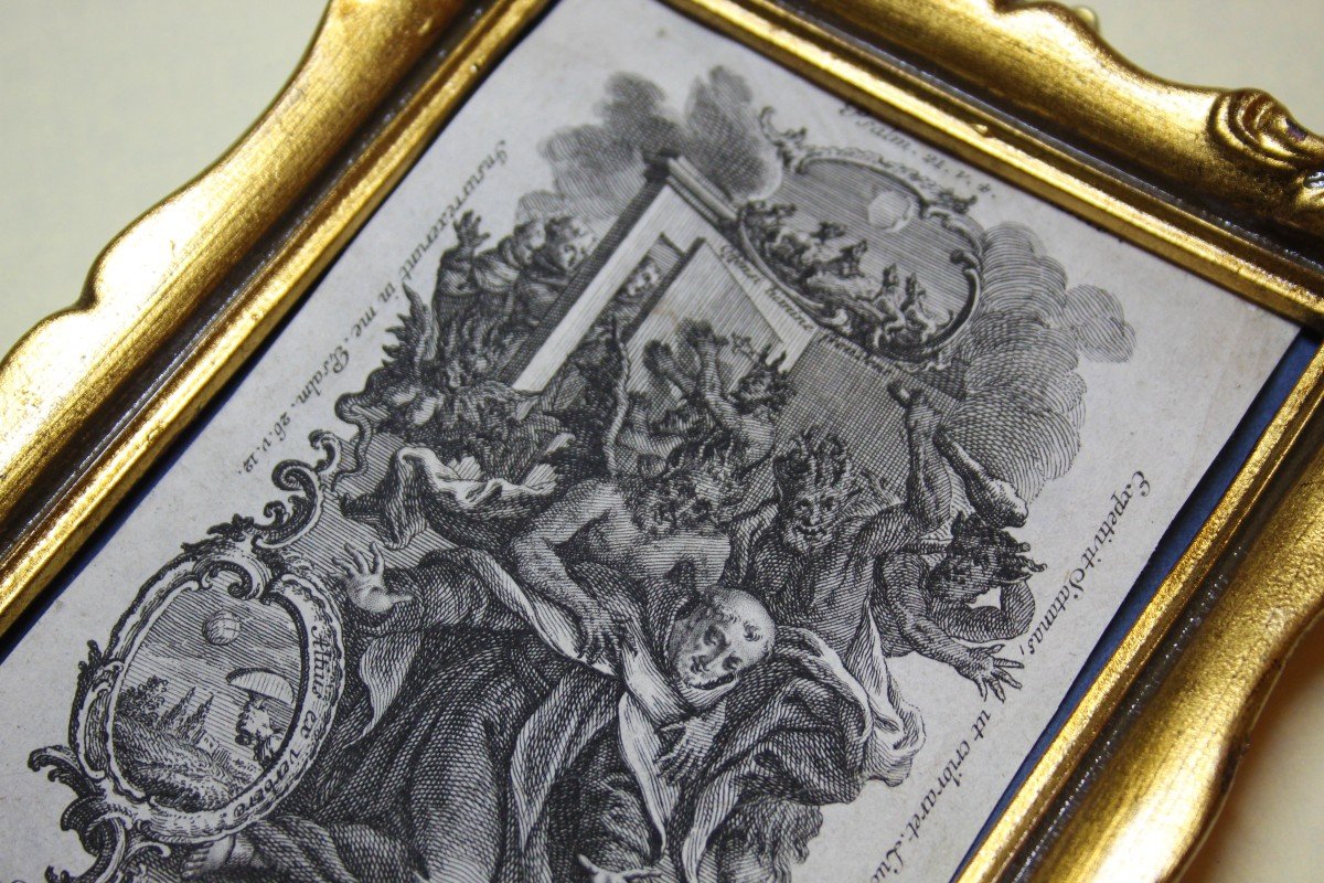 Stampa antica originale con cornice dorata, frammento di incisione, XVIII secolo-photo-3