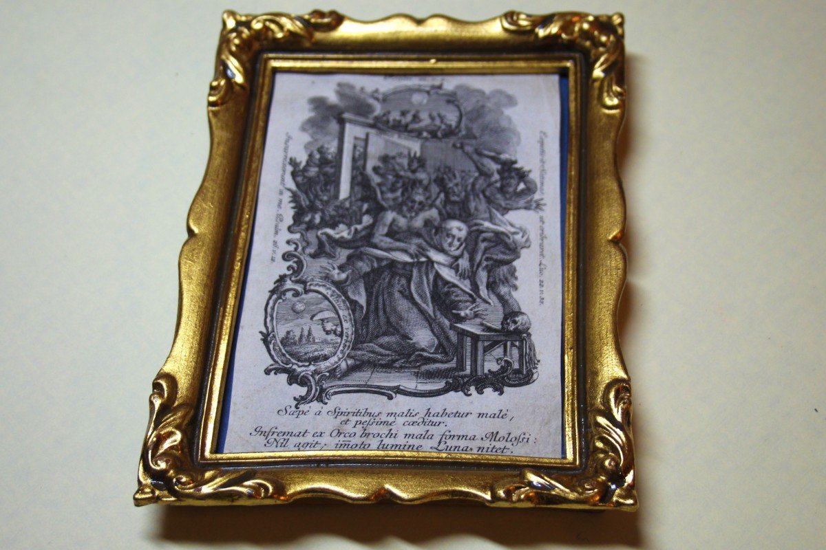 Stampa antica originale con cornice dorata, frammento di incisione, XVIII secolo-photo-4