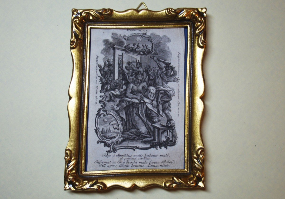 Stampa antica originale con cornice dorata, frammento di incisione, XVIII secolo