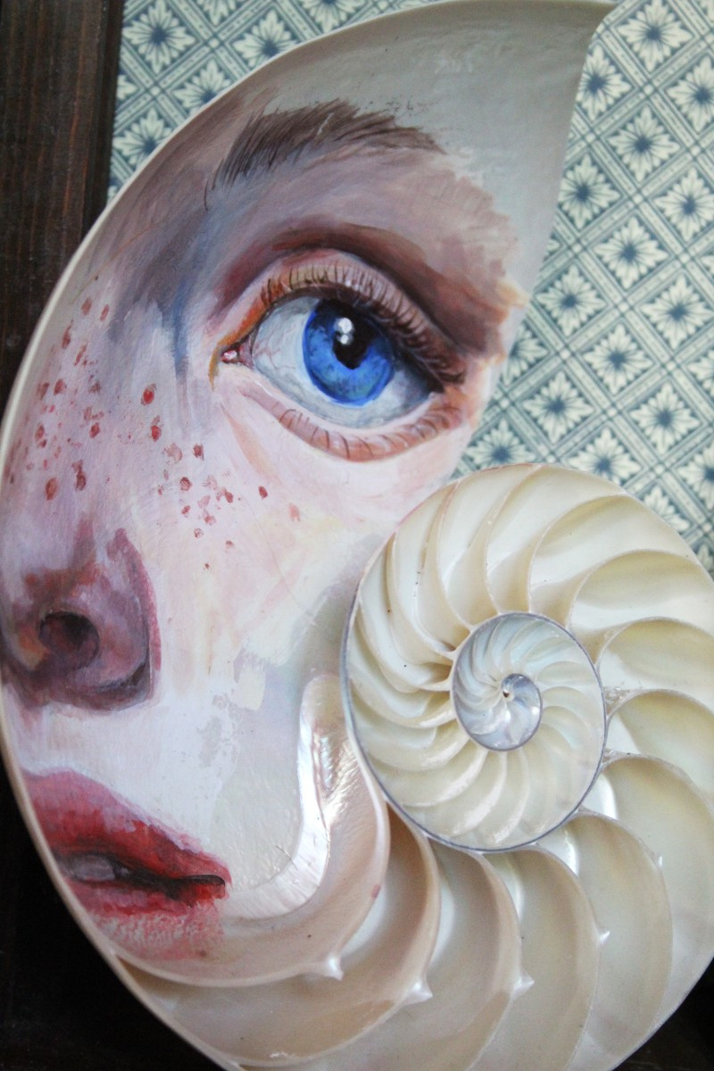 Mater Abyssi n1 -Antica teca in legno con Nautilus Dipinto a Mano.-photo-6