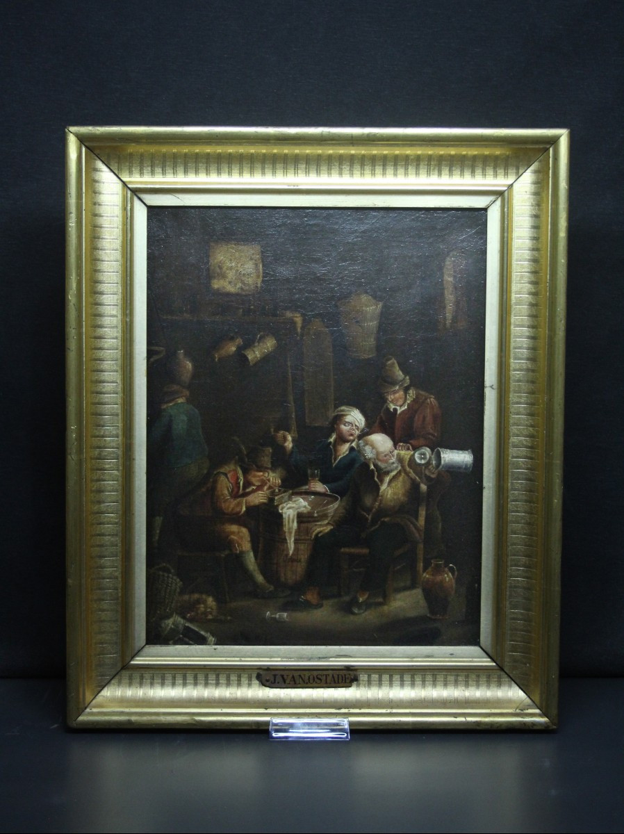 Scuola fiamminga, interno con figure in osteria