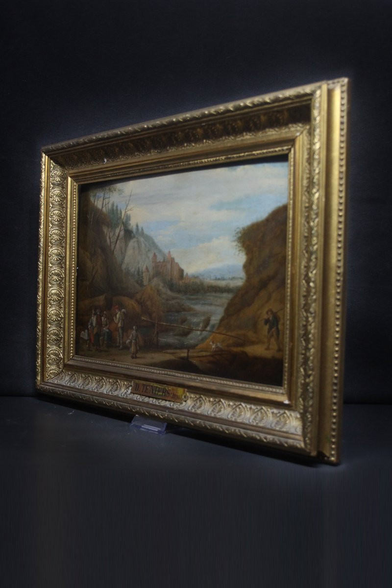 Scuola fiamminga, Paesaggio fluviale con castelli e viandanti-photo-3