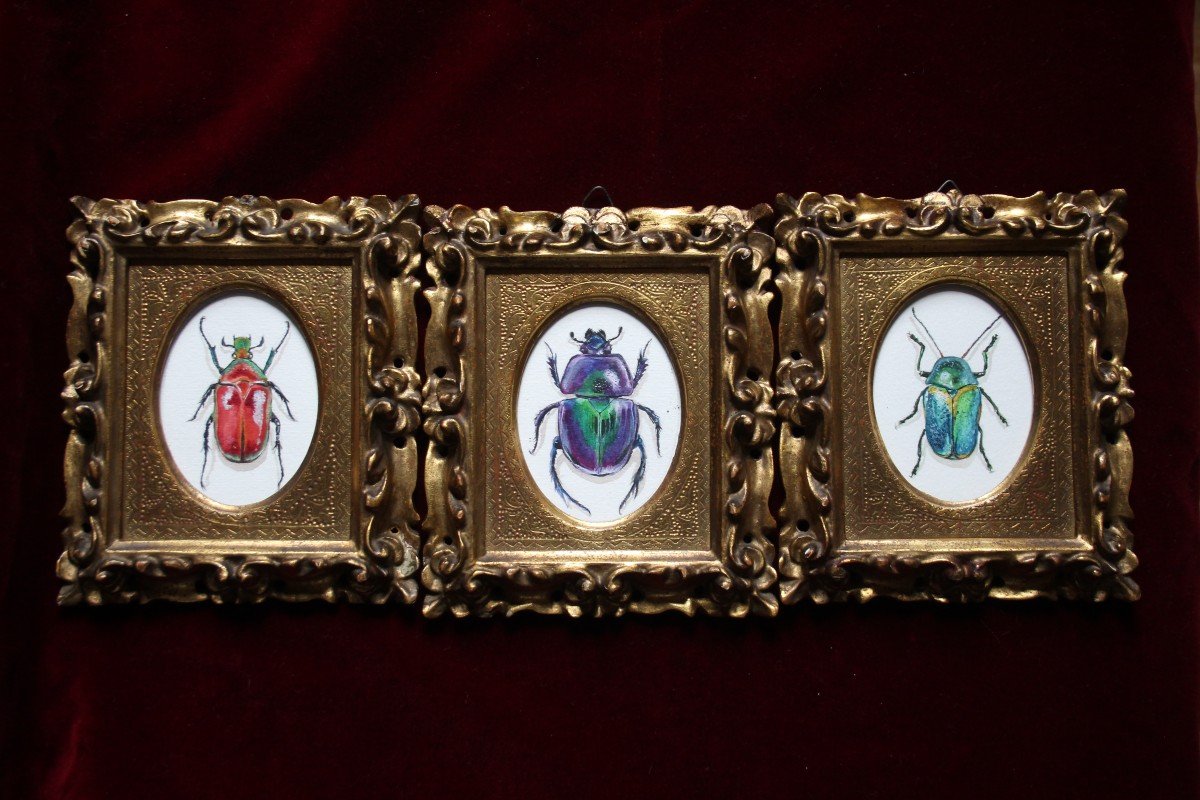 Tre miniature ad acquerello in cornici dorate antiche