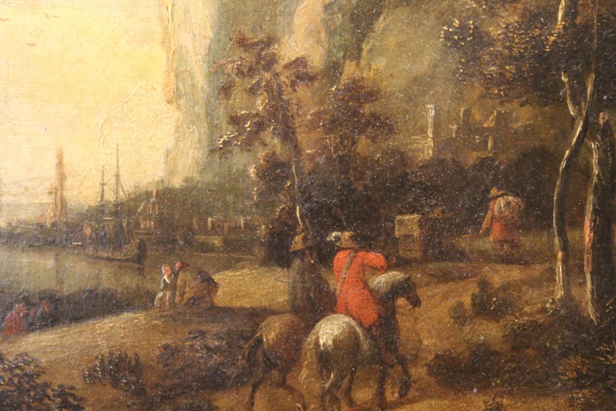Dipinto fiammingo su tavola, Cavalieri nel paesaggio, XVIII secolo-photo-2