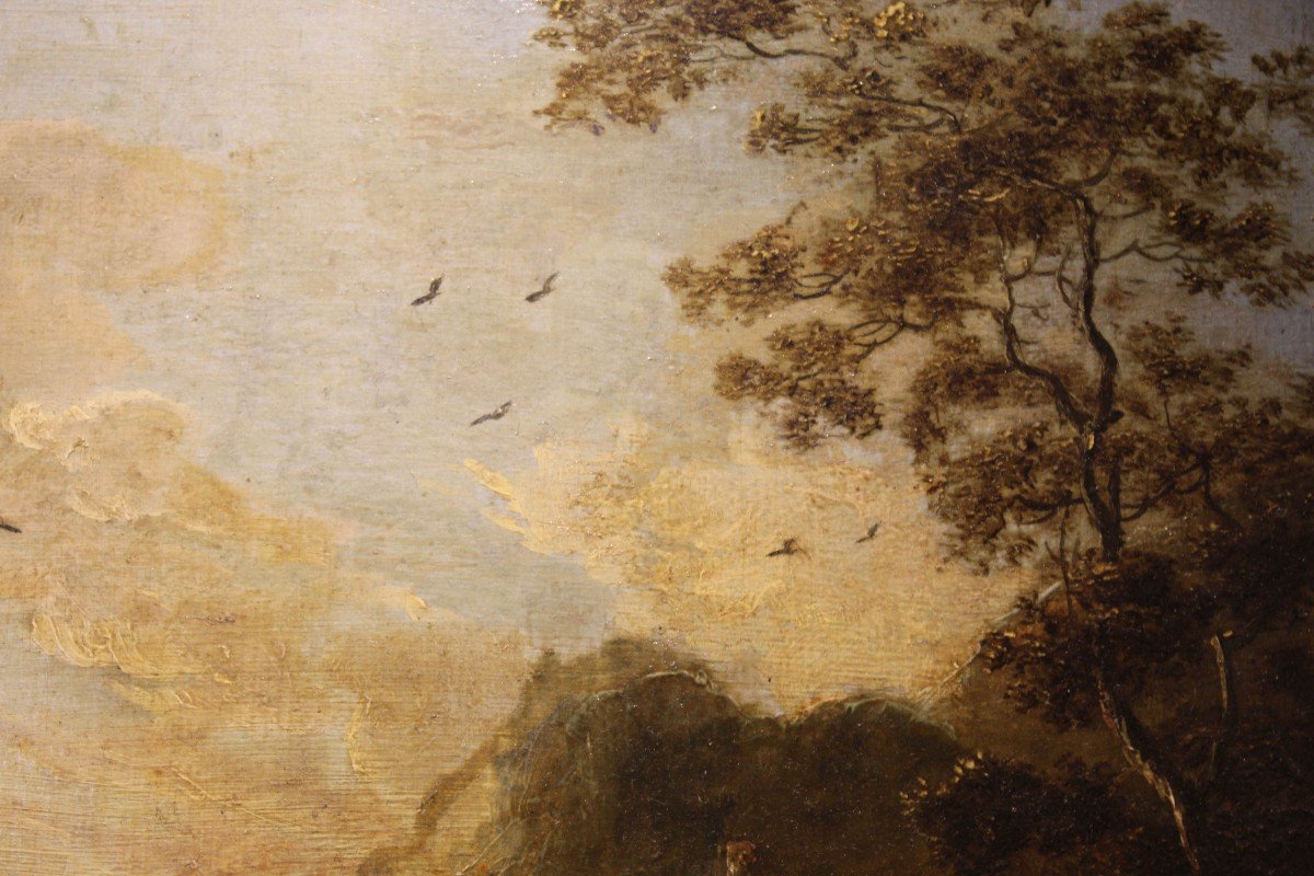 Dipinto fiammingo su tavola, Cavalieri nel paesaggio, XVIII secolo-photo-3