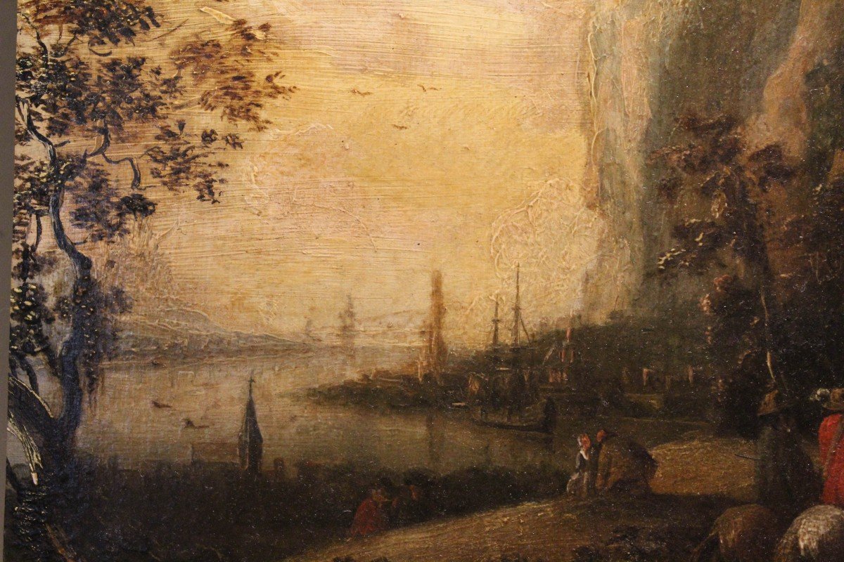 Dipinto fiammingo su tavola, Cavalieri nel paesaggio, XVIII secolo-photo-1