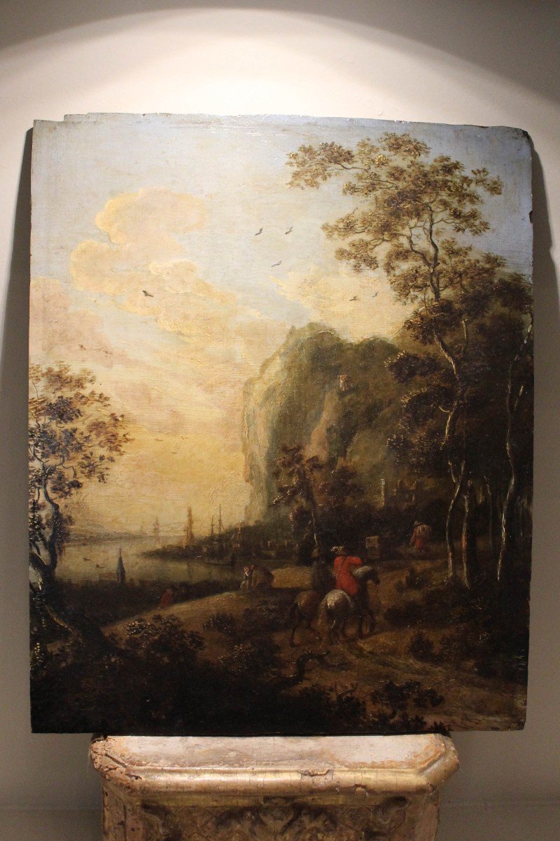 Dipinto fiammingo su tavola, Cavalieri nel paesaggio, XVIII secolo-photo-2