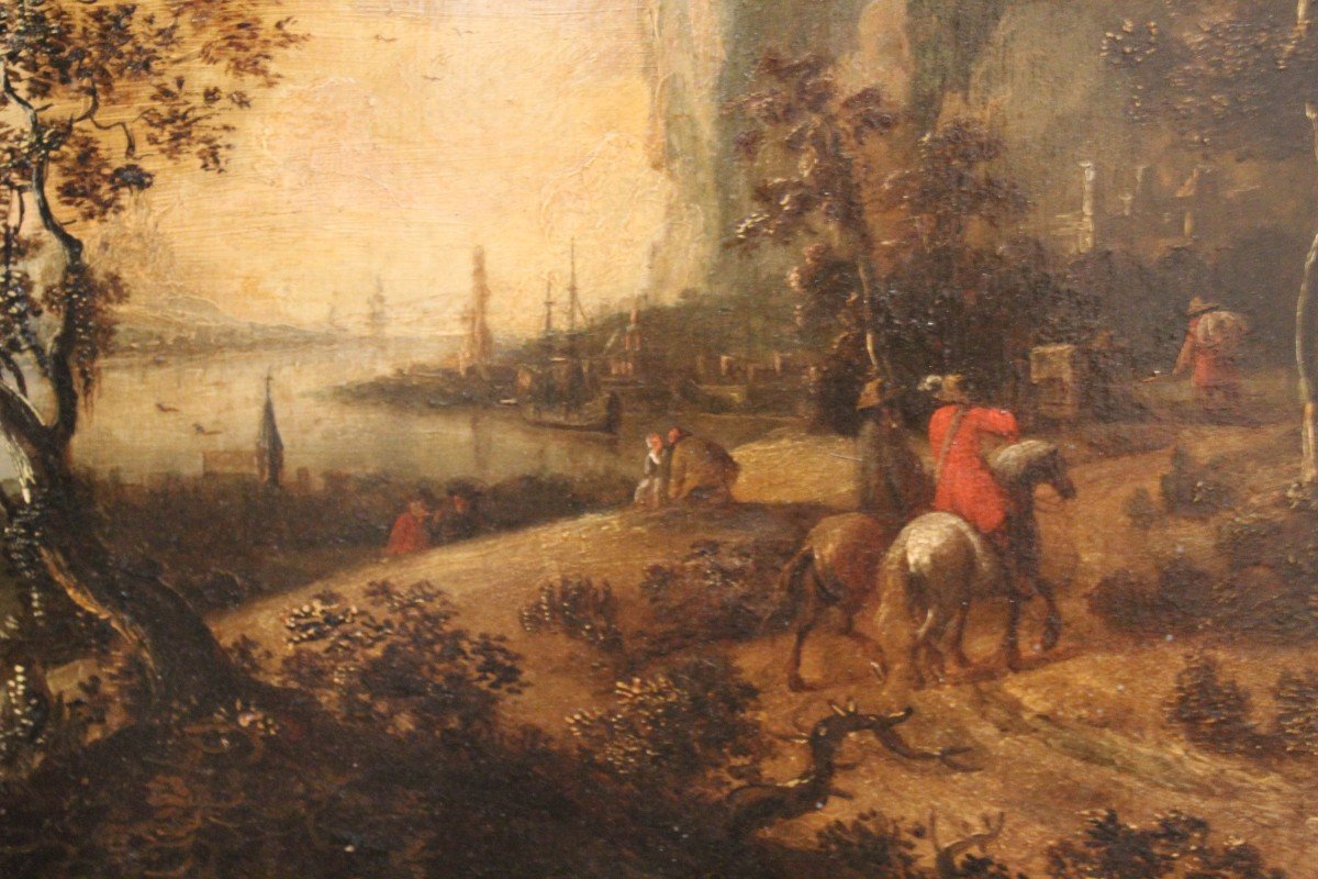 Dipinto fiammingo su tavola, Cavalieri nel paesaggio, XVIII secolo-photo-4