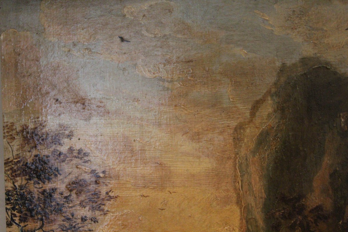Dipinto fiammingo su tavola, Cavalieri nel paesaggio, XVIII secolo-photo-5