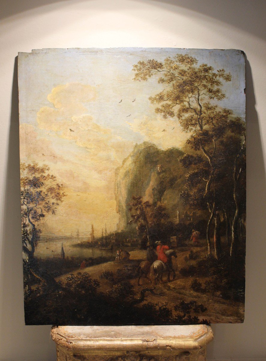 Dipinto fiammingo su tavola, Cavalieri nel paesaggio, XVIII secolo