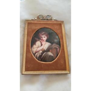 “young Girl With A Bird” Enamel On Copper 19th