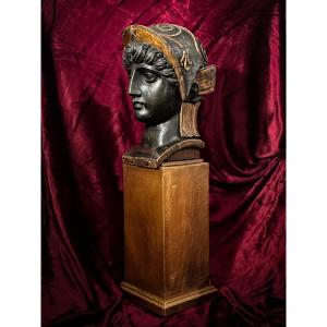 Carved, Painted And Gilded Wooden Head From The Empire Period