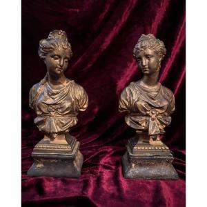 Pair Of Diana Busts In Patinated Regula - Late 19th Century.
