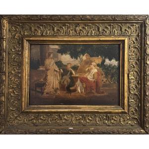 Oil On Panel In The Antique Style - Late 19th Century.