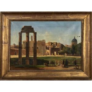 Framed Oil On Canvas - Ruins Of The Forum In Rome, 19th Century