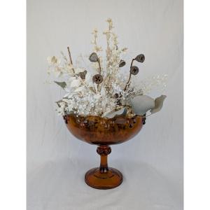 Mid-century Glass Bowl And Floral Arrangement