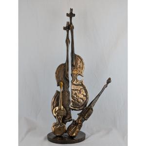 Bronze Sculpture "the Great Violins" By Yves Lohé With Certificate