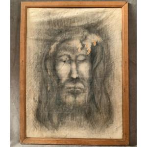 Drawing.  The Holy Shroud Of Turin. Graphite On Canvas By Jacques Duthort, 1942