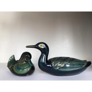 Mandarin Ducks Oshidori Pair Of Lacquered Wood Sculptures. Japan, Taishō Period 1912-1926