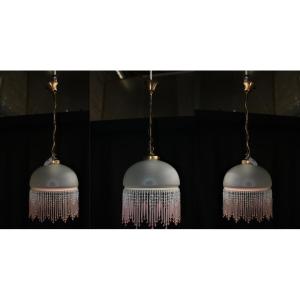 Set Of Three Vintage Chandeliers / Pendant Lights In Brass And Frosted Glass Surrounded By Tassels