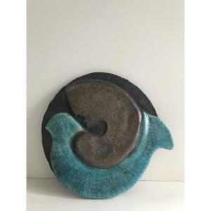 Round Glazed Terracotta Wall Plaque / Sculpture With Cubist Symbols, Circa 1960