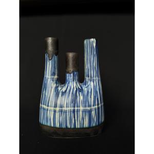 Hand-crafted Glazed Ceramic Vase With Three Necks - Belgium, Circa 1960