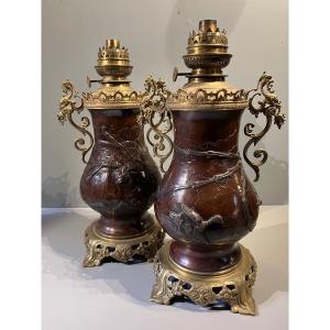 Pair Of Lamps, Meiji Japan Bronze