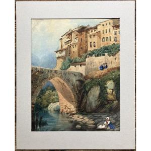 Watercolor: Hilltop Village In Isère, 19th Century