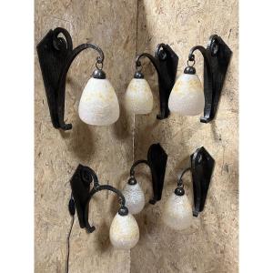Set Of 6 Art Deco Wall Lights - Schneider - Wrought Iron
