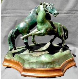 Beautiful Group In Bronze With Prancing Horses, Around 1930, Numbered, Signed, Era Susse Siot Daum