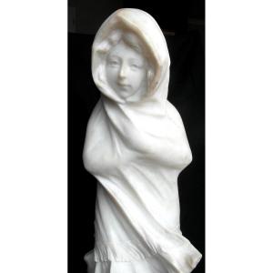 Pretty Alabaster Statue "young Lady Under The Snow" By G.grassi, 40 Cm, Around 1900, Era Pugi