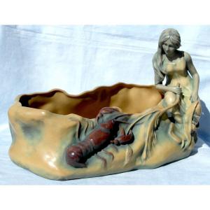 Beautiful Large Art-nouveau Planter "nereid With Lobster" By Bernard Bloch, Era Galle Royal-dux