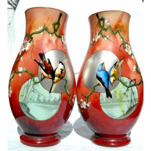 Pair Of Baccarat Vases In Opaline, "birds With Apple Trees", 1880, Rare, Era Daum Gallé