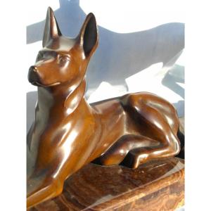 Beautiful Art-deco Set In Bronze "dogs Aux Aguets" By Michel Decoux, 60 Cm, Era Jouve Bugatti