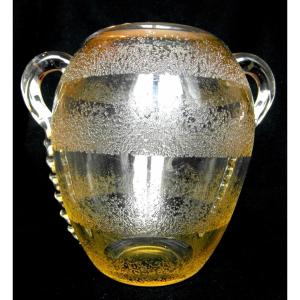 Pretty Daum Art-deco Vase With Hot-applied Handles, Era Galle 1920