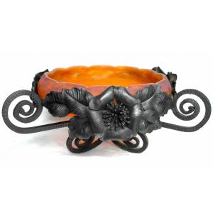 Beautiful Art-deco Cup With Wrought Iron Frame With Roses By Muller, Era Daum Galle 1920