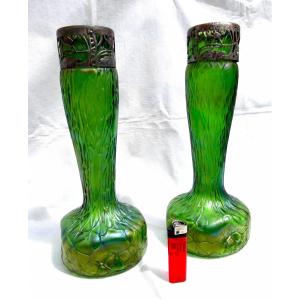Pretty Pair Of Iridescent Glass Vase 1900 By Wilhelm Kralik, Era Daum Loetz Galle