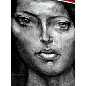 Beautiful Large "face" Painting From The 70s By G. Oudot, 3-chalk Drawing, Bilal Era, Design