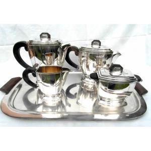 Superb Art-deco Tea And Coffee Service By Ravinet d'Enfert, 5 Pieces, Circa 1925, Silver-plated Metal