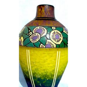 Beautiful Large Art Deco Vase With Stylized Flower Decor By Delatte, Daum Galle Era 1920