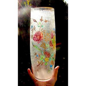 Large Engraved Vase "flowers And Butterfly" By Baccarat, Daum Era Daum Galle 1900