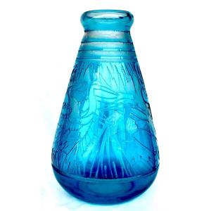 Large Art Deco Vase With Waders Decor By Delatte, 35 Cm, Daum Lalique Muller Era