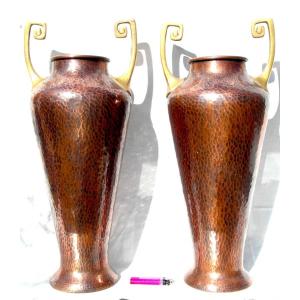 Large Pair Of 1900 Copper Vases Wmf, 50 Cm, Perfect, Era Dinanderie Jugenstil Daum Dunand