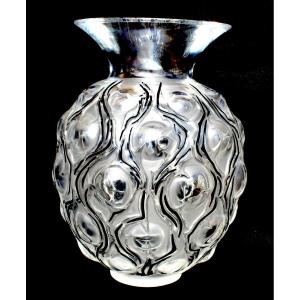 Lalique Crystal And Black Enamel Vase, "thorns" Model, Daum Baccarat Era 