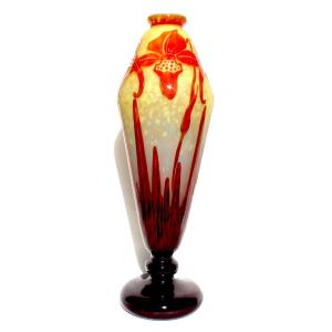 Large Art Deco "orchids" Vase By Schneider French Glass, 39 Cm, Perfect, Daum Gallé Era